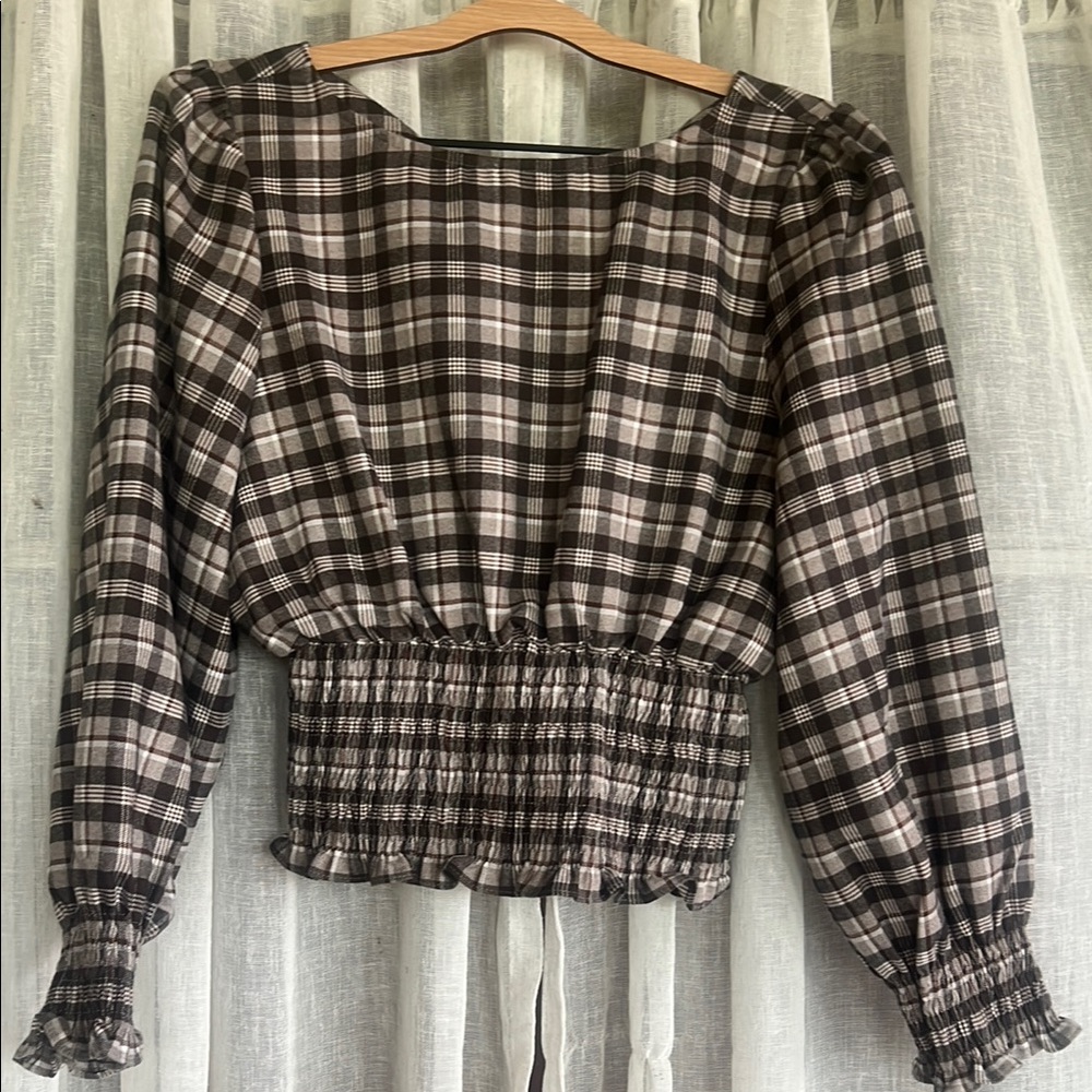 Fate Checkered Smocked Blouse in Black and Gray